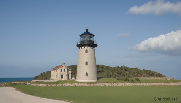 outdoors,sky,day,cloud,water,tree,blue sky,no humans,ocean,grass,building,nature,scenery,horizon,road,house,tower,landscape,path,beach,forest,sand,bush,field,shore,lighthouse