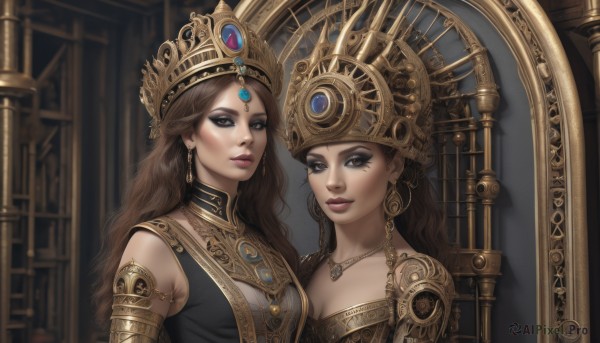 long hair,breasts,looking at viewer,multiple girls,brown hair,dress,2girls,cleavage,brown eyes,jewelry,medium breasts,closed mouth,upper body,earrings,necklace,lips,eyelashes,makeup,siblings,wavy hair,crown,lipstick,sisters,gem,armlet,eyeshadow,reflection,twins,headdress,smile,black hair,bare shoulders,parted lips,sleeveless,realistic,eyeliner,forehead jewel,steampunk