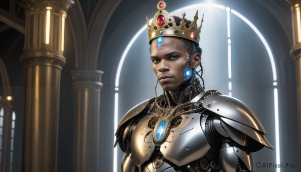 HQ,1girl,solo,looking at viewer,black hair,1boy,brown eyes,jewelry,upper body,male focus,earrings,indoors,dark skin,armor,mole,black eyes,dark-skinned female,lips,mole under eye,glowing,crown,shoulder armor,gem,science fiction,breastplate,realistic,android,forehead jewel,cyborg,pillar,power armor,short hair,closed mouth,facial mark,dark-skinned male,portrait,very dark skin,gold armor