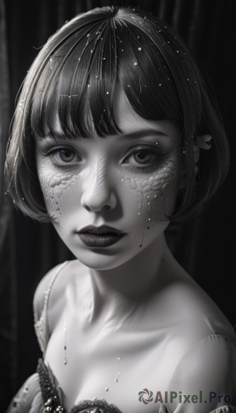 1girl,solo,breasts,looking at viewer,short hair,bangs,cleavage,jewelry,closed mouth,collarbone,monochrome,upper body,greyscale,earrings,artist name,signature,blunt bangs,lips,eyelashes,makeup,piercing,bob cut,lipstick,ear piercing,portrait,realistic,nose,dress,small breasts,teeth