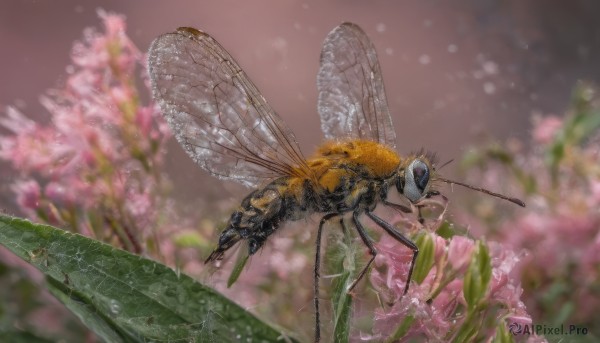 flower, outdoors, wings, blurry, no humans, depth of field, animal, bug, butterfly, pink flower, flying, realistic, antennae