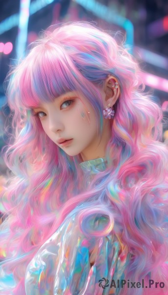 1girl,solo,long hair,looking at viewer,bangs,blue eyes,jewelry,closed mouth,upper body,pink hair,heart,multicolored hair,earrings,parted lips,blunt bangs,blurry,from side,lips,grey eyes,eyelashes,makeup,blurry background,wavy hair,piercing,ear piercing,eyeshadow,artist name,facial mark,gem,nose,cyberpunk