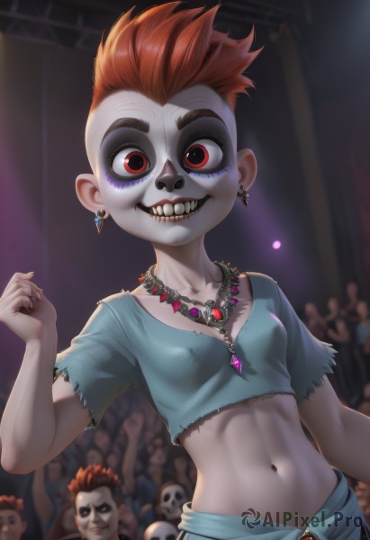 1girl,breasts,looking at viewer,smile,short hair,shirt,red eyes,navel,jewelry,collarbone,upper body,short sleeves,red hair,earrings,small breasts,multiple boys,teeth,solo focus,midriff,hand up,necklace,stomach,nail polish,orange hair,grin,blurry,crop top,fingernails,torn clothes,makeup,mask,depth of field,blurry background,blue shirt,sharp teeth,black nails,pendant,eyeshadow,skull,evil smile,very short hair,multiple others,torn shirt,zombie,crowd,horror (theme),solo,fangs,facepaint,skeleton,stage,mohawk,audience,skull necklace