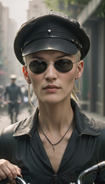 1girl,breasts,looking at viewer,short hair,blonde hair,hat,cleavage,jewelry,collarbone,jacket,upper body,earrings,outdoors,solo focus,day,artist name,necklace,blurry,lips,black headwear,depth of field,blurry background,sunglasses,ground vehicle,motor vehicle,zipper,freckles,realistic,nose,bicycle,partially unzipped,aviator sunglasses,solo,blue eyes,shirt,black jacket,black shirt,piercing,thick eyebrows,hoop earrings,leather,police,leather jacket