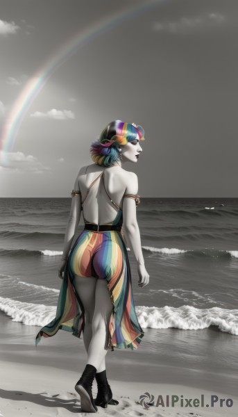 1girl,solo,breasts,short hair,blonde hair,hat,bare shoulders,jewelry,blue hair,standing,swimsuit,full body,ass,multicolored hair,boots,outdoors,sky,day,striped,looking back,cloud,water,from behind,black footwear,high heels,makeup,colored skin,ocean,back,beach,sunglasses,cloudy sky,lipstick,pale skin,multicolored clothes,vertical stripes,armlet,cross-laced footwear,high heel boots,walking,white skin,backless outfit,sand,red lips,backless dress,grey skin,rainbow,multicolored dress,waves,striped shorts,striped one-piece swimsuit,rainbow hair,dress,closed eyes,pantyhose,earrings,green hair,shadow,kneepits,bare back,striped dress,multicolored headwear