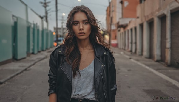 1girl,solo,long hair,looking at viewer,brown hair,shirt,brown eyes,jewelry,jacket,white shirt,upper body,outdoors,parted lips,open clothes,day,dark skin,necklace,blurry,open jacket,dark-skinned female,lips,black jacket,dutch angle,depth of field,blurry background,denim,realistic,road,leather,street,leather jacket,photo background,denim jacket,collarbone,belt,pants,mole,wind,building,motor vehicle,buckle,sleeves rolled up,jeans,belt buckle,sleeves pushed up