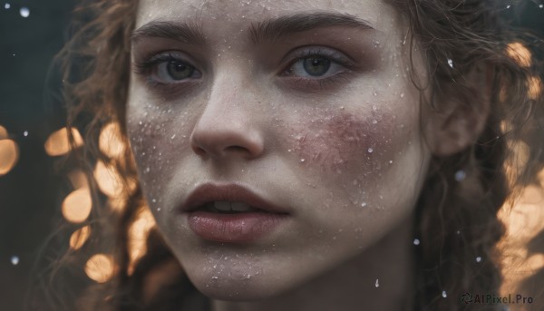 1girl,solo,long hair,looking at viewer,brown hair,brown eyes,parted lips,teeth,lips,eyelashes,portrait,close-up,freckles,realistic,nose,green eyes,braid,artist name,blurry,light particles