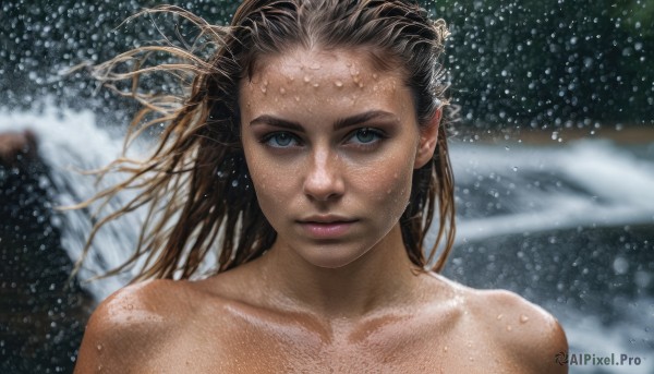 1girl,solo,long hair,looking at viewer,blue eyes,brown hair,bare shoulders,closed mouth,collarbone,upper body,nude,outdoors,water,blurry,lips,wet,floating hair,blurry background,wind,portrait,snow,snowing,realistic,nose,wet hair,winter,green eyes,sweat,messy hair,dirty