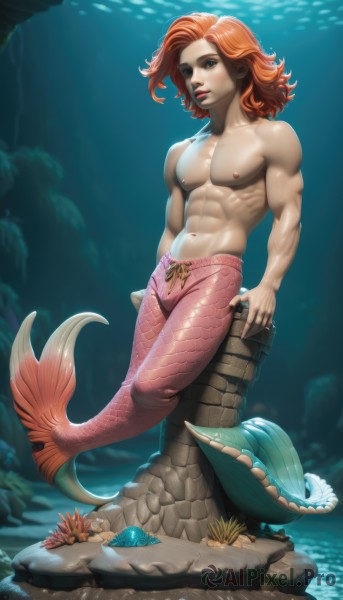 solo,blue eyes,1boy,navel,sitting,nipples,green eyes,full body,male focus,red hair,orange hair,lips,muscular,abs,pectorals,muscular male,bara,toned,topless male,rock,underwater,scales,shell,monster boy,coral,1girl,short hair,parted lips,artist name,water,watermark,monster girl,genderswap,web address,freckles,fish,genderswap (ftm),turtle