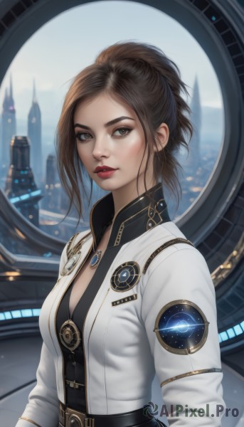 1girl,solo,breasts,looking at viewer,brown hair,long sleeves,cleavage,brown eyes,jewelry,medium breasts,jacket,upper body,ponytail,parted lips,belt,artist name,medium hair,lips,grey eyes,makeup,white jacket,lipstick,building,science fiction,city,red lips,cityscape,long hair,short hair,bangs,shirt,sidelocks,small breasts,open clothes,sky,signature,necklace,blurry,from side,open jacket,parted bangs,black shirt,eyelashes,gem,pendant,realistic,nose,emblem