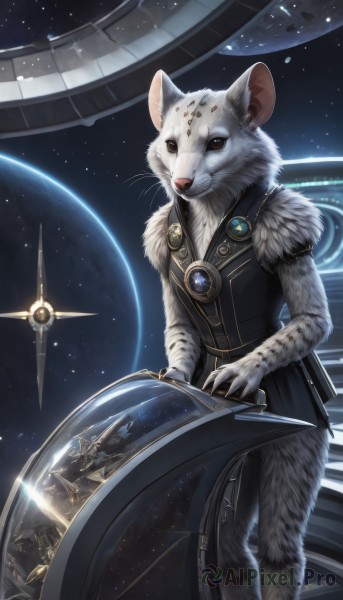 solo,looking at viewer,1boy,animal ears,standing,male focus,artist name,vest,no humans,star (sky),furry,science fiction,space,furry male,white fur,planet,mouse,whiskers,earth (planet),spacecraft,brown eyes,jewelry,sitting,sky,sparkle,copyright name,animal,gem,starry sky