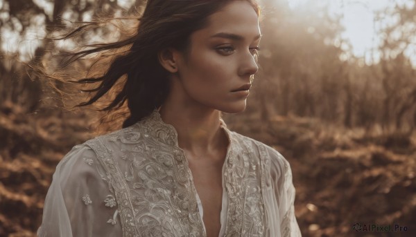 1girl,solo,long hair,brown hair,black hair,1boy,brown eyes,jewelry,closed mouth,collarbone,upper body,male focus,earrings,outdoors,dark skin,blurry,dark-skinned female,lips,looking to the side,eyelashes,floating hair,depth of field,blurry background,looking away,dark-skinned male,wind,realistic,nose,dress,white dress,tree