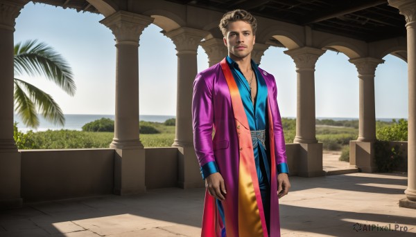 HQ,solo,looking at viewer,brown hair,black hair,long sleeves,1boy,brown eyes,jewelry,standing,male focus,outdoors,open clothes,sky,day,water,necklace,tree,coat,sash,facial hair,realistic,palm tree,arms at sides,pillar,column,robe