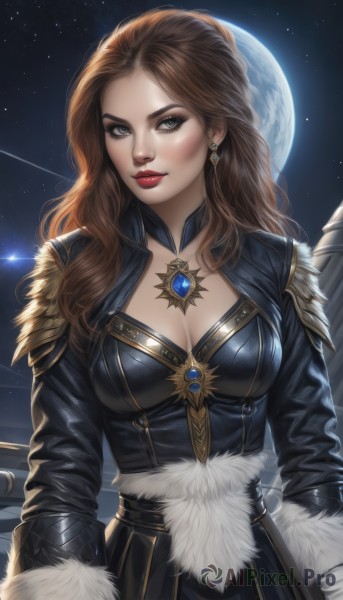 1girl,solo,long hair,breasts,looking at viewer,brown hair,long sleeves,dress,cleavage,jewelry,medium breasts,upper body,earrings,sky,artist name,armor,black dress,lips,grey eyes,fur trim,makeup,night,wavy hair,moon,lipstick,gem,star (sky),night sky,full moon,eyeshadow,starry sky,nose,red lips,shooting star,blue eyes,large breasts,signature,realistic