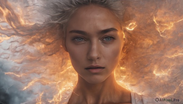 1girl,solo,long hair,looking at viewer,blue eyes,blonde hair,white hair,grey hair,parted lips,sky,cloud,lips,looking to the side,grey eyes,eyelashes,floating hair,cloudy sky,portrait,freckles,realistic,nose,electricity,lightning,short hair,1boy,closed mouth,male focus,artist name,close-up