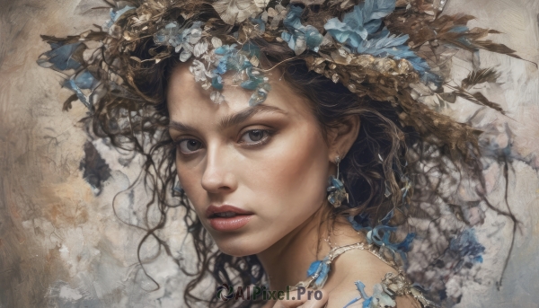 1girl,solo,long hair,looking at viewer,brown hair,black hair,hair ornament,hat,brown eyes,jewelry,flower,earrings,parted lips,necklace,black eyes,lips,grey eyes,lipstick,portrait,blue flower,realistic,straw hat,red lips,short hair,eyelashes,makeup,feathers,close-up