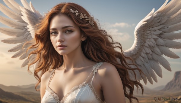 1girl,solo,long hair,breasts,looking at viewer,brown hair,hair ornament,dress,cleavage,bare shoulders,brown eyes,medium breasts,collarbone,upper body,outdoors,parted lips,wings,sky,day,cloud,white dress,blurry,lips,blurry background,wavy hair,feathered wings,angel wings,mountain,realistic,nose,white wings,angel,head wreath,blue sky,sunlight,curly hair