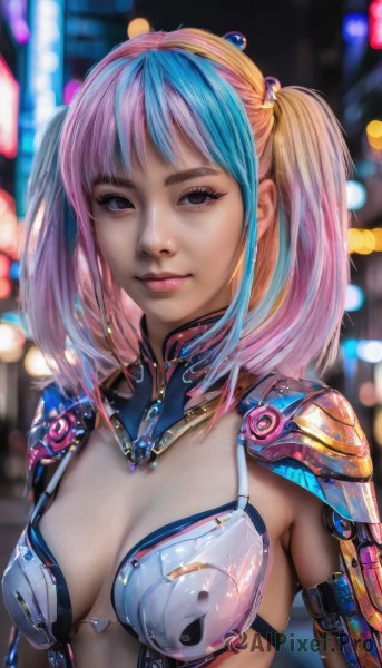 1girl,solo,breasts,looking at viewer,smile,bangs,blonde hair,cleavage,twintails,medium breasts,closed mouth,blue hair,upper body,pink hair,multicolored hair,medium hair,blurry,black eyes,two-tone hair,lips,eyelashes,bodysuit,makeup,blurry background,science fiction,realistic,nose,cyborg,cyberpunk,armor,depth of field,android