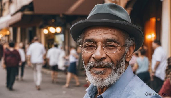 looking at viewer,smile,shirt,1boy,hat,closed mouth,closed eyes,white shirt,grey hair,male focus,outdoors,multiple boys,glasses,solo focus,collared shirt,blurry,black headwear,depth of field,blurry background,facial hair,beard,6+boys,realistic,round eyewear,mustache,bald,old,old man,grey headwear,crowd,people,wrinkled skin,short hair,multiple girls,skirt,upper body,parted lips,necktie,pants,lips,blue skirt,cosplay,parody,blue shirt,portrait,walking