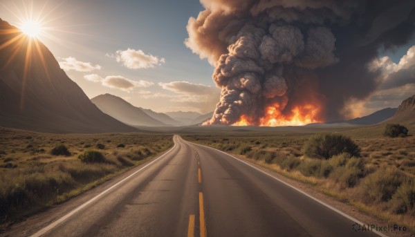 outdoors,sky,day,cloud,tree,blue sky,no humans,sunlight,cloudy sky,grass,fire,ground vehicle,nature,scenery,forest,smoke,sunset,mountain,sun,road,field,explosion,landscape,hill,burning,railroad tracks