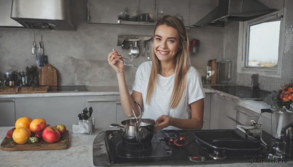 1girl,solo,long hair,looking at viewer,smile,blue eyes,blonde hair,brown hair,shirt,holding,white shirt,upper body,flower,short sleeves,food,teeth,indoors,cup,window,fruit,eating,knife,t-shirt,plate,bowl,realistic,spoon,fork,apple,cooking,ladle,orange (fruit),kitchen,jar,tomato,sink,spatula,refrigerator,kettle,stove,cutting board,brown eyes,grin,lips,bottle