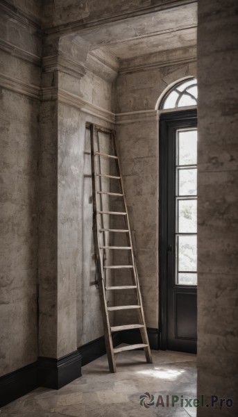 monochrome,day,indoors,no humans,window,sunlight,scenery,stairs,door,wall,pillar,easel,hallway