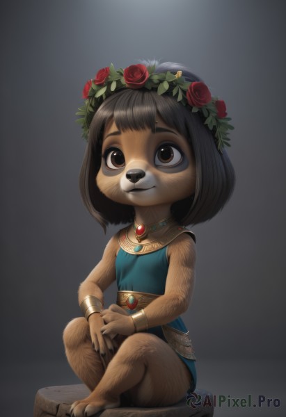 1girl,solo,looking at viewer,smile,short hair,bangs,simple background,brown hair,shirt,black hair,hair ornament,dress,animal ears,bare shoulders,brown eyes,jewelry,sitting,closed mouth,full body,flower,barefoot,sleeveless,artist name,signature,hair flower,grey background,necklace,flat chest,bracelet,sleeveless shirt,blue dress,rose,own hands together,blue shirt,red flower,gem,child,furry,animal hands,red rose,furry female,female child,bracer,body fur,head wreath,animal nose,brown fur,flower wreath,animal feet,breasts,skirt,tail,small breasts,miniskirt,medium hair,nail polish,blue skirt,gradient,gradient background,:3,watermark,bob cut,black background,claws