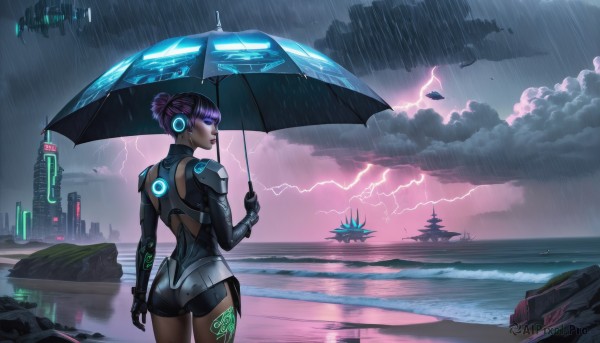 A spacecraft portrayed in a inviting rainy outdoors