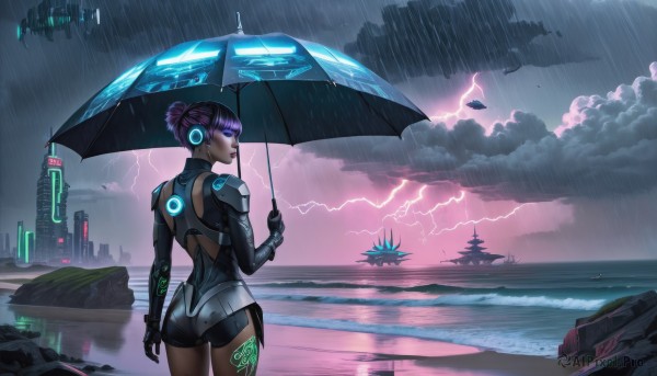 1girl,solo,looking at viewer,short hair,bangs,blue eyes,gloves,holding,standing,purple eyes,purple hair,ass,cowboy shot,outdoors,sky,looking back,cloud,dark skin,water,hair bun,from behind,armor,dark-skinned female,lips,clothing cutout,bodysuit,tattoo,makeup,glowing,headphones,ocean,umbrella,single hair bun,cloudy sky,lipstick,ground vehicle,building,glowing eyes,motor vehicle,science fiction,rain,holding umbrella,city,aircraft,nose,military vehicle,electricity,car,watercraft,cyborg,lightning,back cutout,neon trim,spacecraft,cyberpunk,hologram,black hair,back,headset,back tattoo