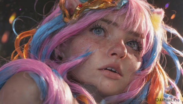 1girl,solo,long hair,looking at viewer,open mouth,bangs,blue eyes,hair ornament,blue hair,pink hair,multicolored hair,parted lips,teeth,artist name,blurry,two-tone hair,lips,eyelashes,tiara,portrait,freckles,realistic,nose,animal ears,green eyes,orange hair,saliva,gradient hair,fangs,looking up,close-up,biting