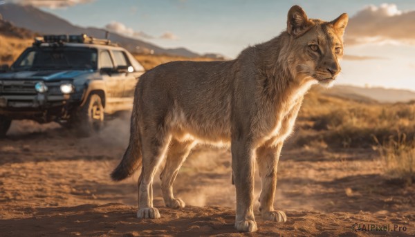 looking at viewer,outdoors,sky,day,cloud,blurry,no humans,depth of field,blurry background,animal,cat,ground vehicle,motor vehicle,dog,realistic,car,road,animal focus,vehicle focus,desert,truck,standing,signature,grass,field