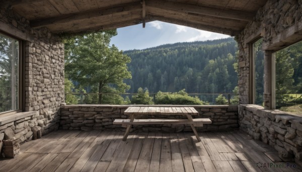 outdoors,sky,day,cloud,tree,blue sky,no humans,window,chair,table,sunlight,grass,plant,nature,scenery,forest,wooden floor,stairs,mountain,bench,bush,wall,house,path,crate,wood,cloudy sky,architecture,stone wall