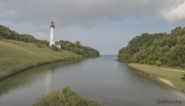 outdoors,sky,day,cloud,water,tree,blue sky,no humans,grass,nature,scenery,forest,reflection,road,bush,river,tower,landscape,lake,building,field,house,church,scarlet devil mansion