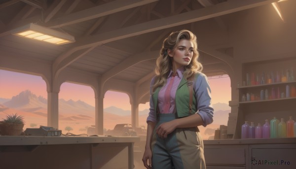 1girl,solo,long hair,breasts,blonde hair,brown hair,shirt,brown eyes,jewelry,medium breasts,standing,cowboy shot,open clothes,necktie,collared shirt,pants,indoors,vest,lips,looking to the side,window,looking away,bottle,plant,sleeves rolled up,pink shirt,green shirt,green vest,open vest,green pants,parted lips,bag,dress shirt,wavy hair,ring,suspenders,blue shirt,scenery,sunset,mountain,blue pants,pink necktie,office