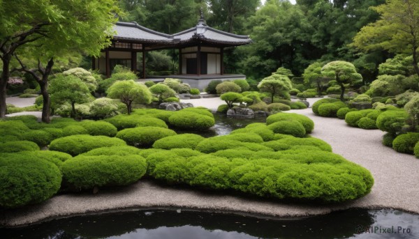 outdoors,day,water,tree,no humans,grass,building,nature,scenery,forest,rock,road,bush,architecture,east asian architecture,river,path,pond,stone lantern,house