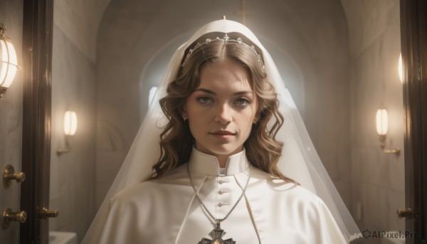 1girl,solo,long hair,looking at viewer,brown hair,dress,brown eyes,jewelry,closed mouth,upper body,earrings,artist name,indoors,necklace,lips,grey eyes,scar,cross,veil,realistic,nun,candle,habit,cross necklace,latin cross,church,priest,smile,portrait,nose,door