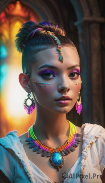 1girl,solo,breasts,looking at viewer,short hair,brown hair,hair ornament,dress,cleavage,brown eyes,jewelry,medium breasts,closed mouth,green eyes,upper body,multicolored hair,earrings,parted lips,indoors,dark skin,necklace,hair bun,mole,blurry,dark-skinned female,lips,eyelashes,makeup,depth of field,blurry background,facial mark,single hair bun,lipstick,gem,portrait,eyeshadow,freckles,realistic,nose,eyeliner,facepaint,hair pulled back,mascara,black hair,watermark,web address,forehead jewel,column