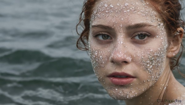 1girl,solo,looking at viewer,brown hair,brown eyes,outdoors,parted lips,teeth,water,blurry,lips,wet,blurry background,ocean,beach,portrait,realistic,waves,short hair,eyelashes,close-up