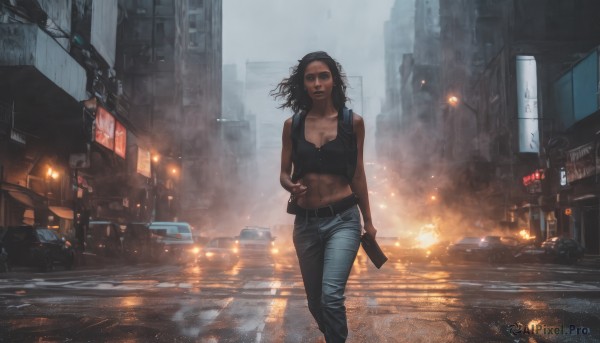 1girl,solo,long hair,breasts,looking at viewer,black hair,navel,holding,cleavage,medium breasts,standing,weapon,outdoors,midriff,pants,dark skin,holding weapon,dark-skinned female,lips,crop top,gun,sunglasses,tank top,fire,denim,ground vehicle,building,holding gun,motor vehicle,handgun,smoke,walking,jeans,city,realistic,car,road,street,burning,aviator sunglasses,collarbone,sleeveless,belt,signature,vest,muscular,phone,abs,cellphone,scenery,smartphone,science fiction,rain,toned,sign,cityscape,explosion,cyberpunk