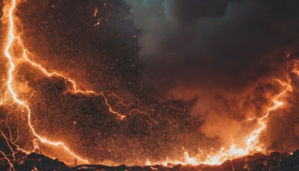 outdoors,sky,cloud,no humans,night,bird,cloudy sky,fire,star (sky),night sky,scenery,smoke,starry sky,fantasy,electricity,lightning,molten rock,dark,embers,destruction