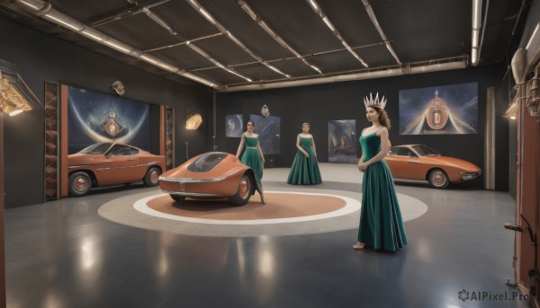 1girl,long hair,multiple girls,brown hair,black hair,dress,bare shoulders,standing,indoors,3girls,blue dress,tiara,crown,ground vehicle,motor vehicle,reflection,green dress,mirror,long dress,car,wide shot,vehicle focus,aqua dress,different reflection,blonde hair,1boy,2girls,multiple boys,formal,scenery