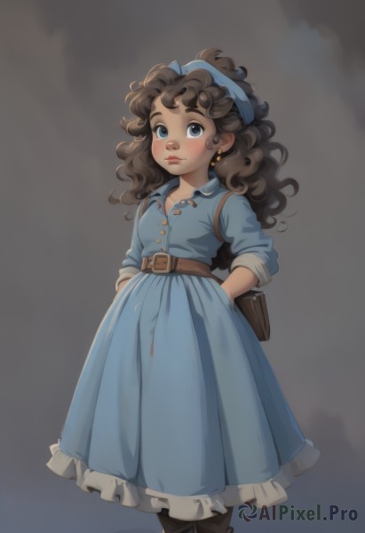 1girl,solo,long hair,looking at viewer,blush,blue eyes,simple background,brown hair,black hair,hat,dress,jewelry,closed mouth,standing,earrings,boots,frills,belt,dark skin,grey background,dark-skinned female,lips,buttons,blue dress,brown footwear,thick eyebrows,blue headwear,freckles,curly hair,pouch,belt buckle,hands in pockets,brown belt,breasts,bow,pantyhose,hairband,small breasts,bag,makeup,frilled dress,handbag