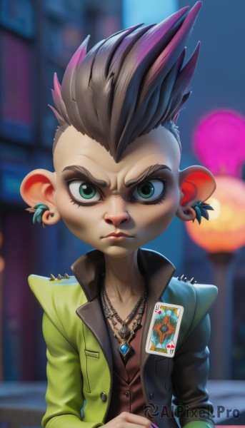 solo,looking at viewer,short hair,brown hair,black hair,1boy,animal ears,jewelry,green eyes,jacket,upper body,male focus,multicolored hair,earrings,open clothes,artist name,necklace,nail polish,blurry,blurry background,piercing,spiked hair,ear piercing,mouse ears,mohawk,1girl,shirt,closed mouth,vest,two-tone hair,open jacket,lips,eyelashes,makeup,buttons,extra ears,furry,green jacket,purple nails,very short hair,badge