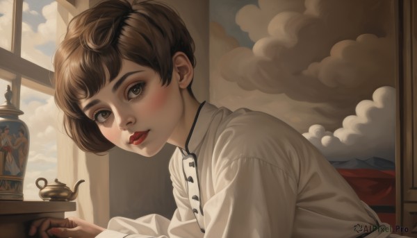 1girl,solo,looking at viewer,blush,short hair,bangs,brown hair,shirt,long sleeves,brown eyes,closed mouth,white shirt,upper body,sky,day,cloud,indoors,blue sky,lips,window,makeup,chinese clothes,cloudy sky,lipstick,curtains,red nails,red lips,teapot,realistic