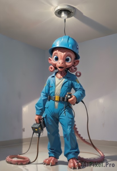 solo,looking at viewer,smile,open mouth,blue eyes,shirt,long sleeves,1boy,hat,holding,standing,full body,white shirt,male focus,barefoot,teeth,belt,pants,indoors,uniform,tentacles,1other,blue headwear,tentacle hair,blue pants,cable,jumpsuit,alien,horror (theme),wire,light bulb,1girl,shadow,helmet,claws,monster