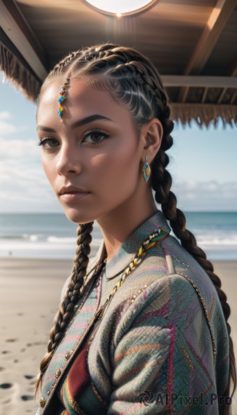 1girl,solo,long hair,looking at viewer,shirt,black hair,brown eyes,jewelry,closed mouth,upper body,braid,earrings,outdoors,sky,day,cloud,necklace,blurry,black eyes,twin braids,from side,blue sky,lips,eyelashes,depth of field,blurry background,ocean,beach,sunlight,gem,forehead,freckles,circlet,realistic,nose,sand,green gemstone,traditional clothes,multiple braids,breasts,hair ornament,artist name,dark skin,water,dark-skinned female,looking to the side,makeup,hair over shoulder