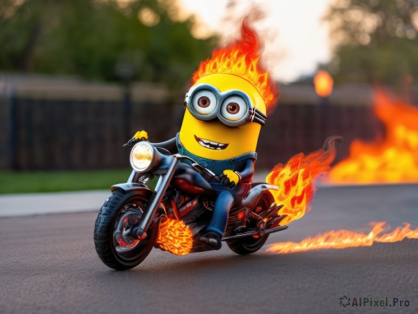 solo,looking at viewer,smile,open mouth,1boy,brown eyes,jacket,male focus,outdoors,glasses,teeth,pants,blurry,tree,blurry background,helmet,fire,goggles,ground vehicle,motor vehicle,furry,fence,road,riding,furry male,motorcycle,burning,fiery hair,motorcycle helmet,on motorcycle,gloves,grin,parody,denim,smoke,flame