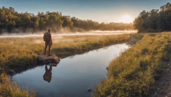 solo,short hair,black hair,1boy,standing,jacket,male focus,outdoors,sky,day,pants,cloud,water,bag,from behind,tree,sunlight,backpack,grass,nature,scenery,forest,reflection,sunset,rock,mountain,sun,river,landscape,lake,1girl,reflective water