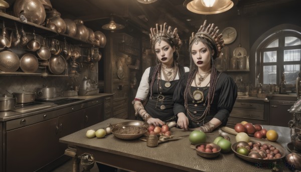 long hair,looking at viewer,short hair,multiple girls,brown hair,black hair,long sleeves,2girls,jewelry,braid,earrings,food,indoors,necklace,black eyes,twin braids,bracelet,grey eyes,dutch angle,window,makeup,fruit,siblings,table,bottle,knife,lipstick,bowl,clock,basket,headdress,shelf,kitchen,jar,shop,counter,cabinet,cutting board,weighing scale,loaded interior,blonde hair,dress,apron,cup,crown,pale skin,plate,spoon,red lips,kitchen knife