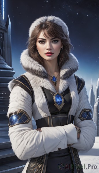 1girl,solo,long hair,breasts,looking at viewer,bangs,brown hair,long sleeves,dress,brown eyes,jewelry,standing,earrings,outdoors,sky,hood,necklace,lips,coat,fur trim,makeup,night,crossed arms,ring,lipstick,building,gem,star (sky),night sky,snow,pendant,starry sky,snowing,nose,white coat,winter clothes,red lips,winter,fur-trimmed coat,short hair,upper body,stairs,city,realistic,straight-on,blue gemstone